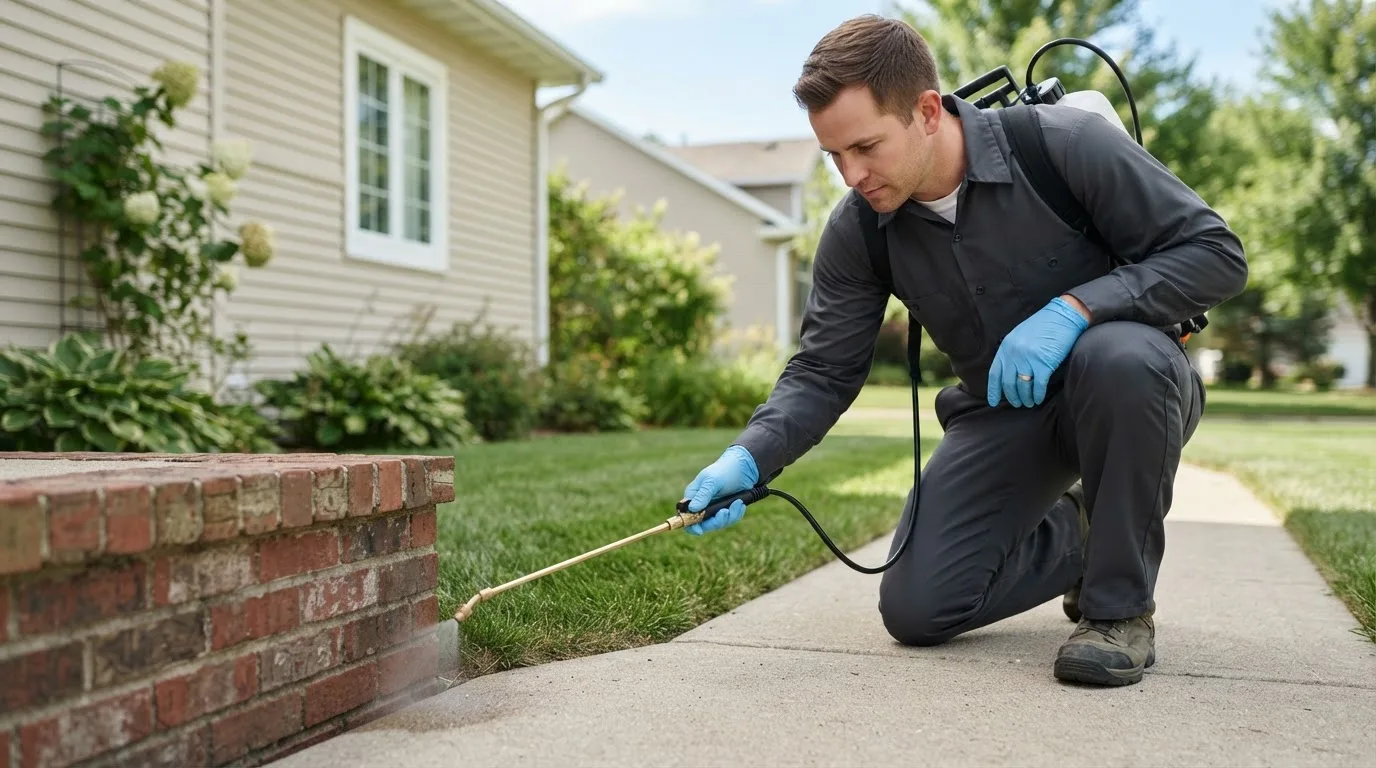 Pest control technician treating a home near Wirt, MN